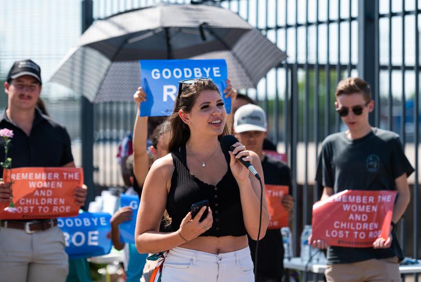 Lily Kate Cole speaks at a protest in support of the Supreme Court’s decision to overturn Roe v. Wade in front of Planned Parenthood’s offices Saturday, June 25, 2022, in Houston. (Justin Rex for The Texas Tribune)